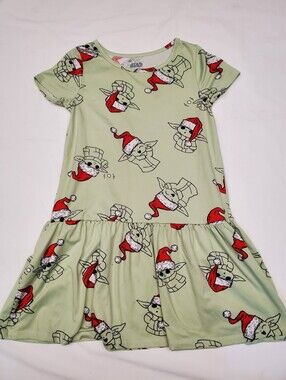 Disney Sage Green Dress with Red Santa Hat Baby Yoda Print